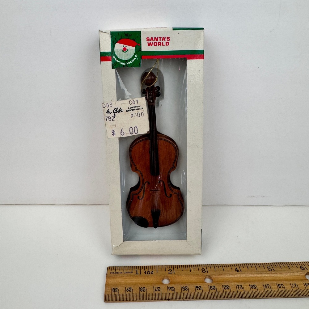 Vtg Santas World Wooden Violin Christmas Holiday Ornament w Orig Box Handcrafted